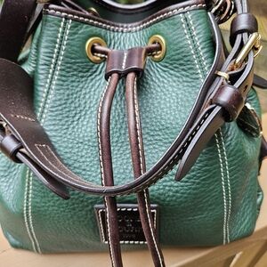 Dooney & Bourke Pebbled Leather Drawstring Bucket Bag Duffle Green and Brown